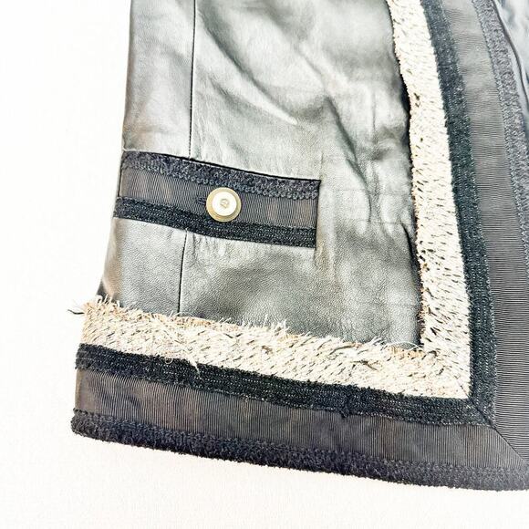 BCBG Maxazria Leather Fringe Accent Blazer Jacket Contrast Trim MINT Size Small - Picture 2 of 8